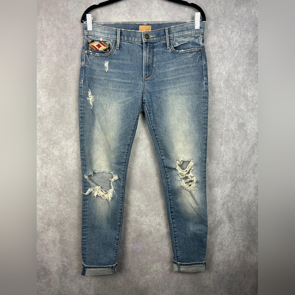 Driftwood Chevron Embroidered Jackie Skinny‎ Raw Hem Ankle Length Jeans W28XL27